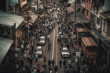Obraz premium People crowd on pedestrian crosswalk. Top view background. AI