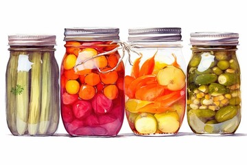 jars of canned vegetables on a white background, watercolor - AI