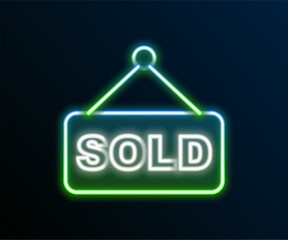 Glowing neon line Hanging sign with text Sold icon isolated on black background. Auction sold. Sold signboard. Bidding concept. Auction competition. Colorful outline concept. Vector