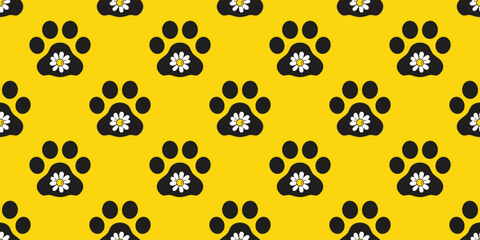 Fototapeta na wymiar dog paw seamless pattern flower daisy footprint french bulldog vector puppy pet bone toy breed cartoon doodle repeat wallpaper tile background illustration isolated