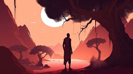 the man is looking at a big tree in the desert, silhouette figures, traditional african art, 8k resolution, silhouette of a person in desert, wallpaper, Generative AI