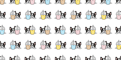 dog seamless pattern french bulldog boba tea bubble milk tea drink vector pet puppy cartoon gift wrapping paper tile background doodle repeat wallpaper scarf isolated illustration design