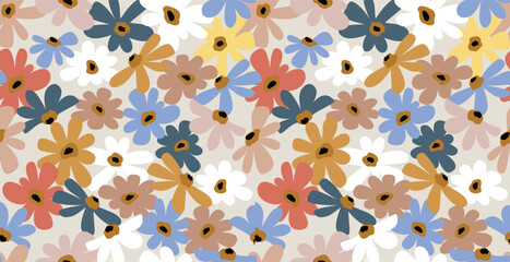 Seamless background with primitive childish floral pattern. Simple minimalistic background, cute big light flowers in boho style. Children's wallpaper, print for textile, cover