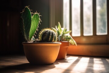 A potted cactus plant on a wooden table.  Generative AI.