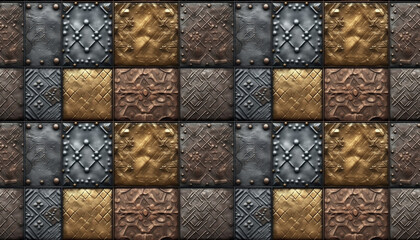 Real seamless texture background, material from stamped antique iron with patterns, engraved steel. Generative AI