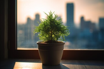 A potted plant on a windowsill with a blur background.  Generative AI.