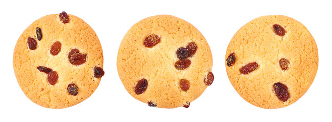 Round cookies with raisins, top view, transparent background