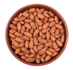 Almond in brown plate, top view, close-up, transparent background