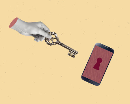 Creative collage of hand with a key and mobile telephone. Phone protection. The concept of protecting privacy. Modern design. Copy space.
