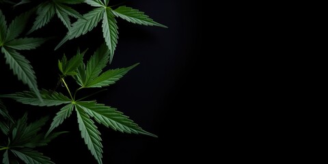 AI Generated. AI Generative. Photo macro shot of realistic cannabis leaves on dark moody black background. Can be used for medicine promotion or graphic design. Graphic Art