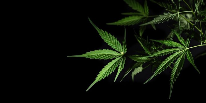 AI Generated. AI Generative. Photo macro shot of realistic cannabis leaves on dark moody black background. Can be used for medicine promotion or graphic design. Graphic Art