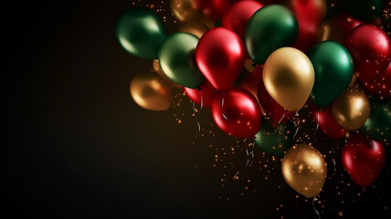 Illustration of Party, Golden Green Red metallic balloons and confetti, abstract party creations. New Years Eve Celebrating, Luxurious and elegance, Blurry background, template, Bokeh, Generative AI