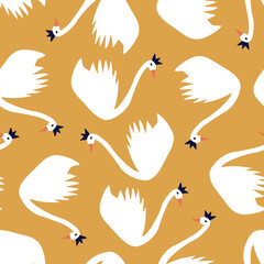 Swan Princess hand drawn vector illustration. White bird and crown funny seamless pattern for kids fabric or wallpaper.