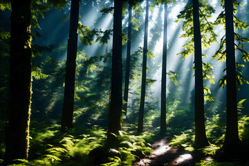 sun rays in the forest generative ai
