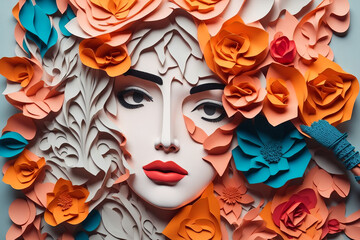 Paper art style , Women's day specials offer sale wording isolate beautiful masquerade, red, people, colorful, black, venetian, theater, eyes, model, doll, fantasy, hair, make-up