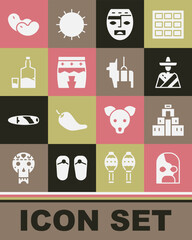 Set Mexican wrestler, Chichen Itza in Mayan, man sombrero, Aztec mask, Huehuetl, Tequila bottle and glass, Beans and Pinata icon. Vector