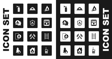 Set Hand holding a fire, Fire protection shield, Telephone call 911, extinguisher, alarm system, Firefighter helmet, escape and Phone with emergency icon. Vector