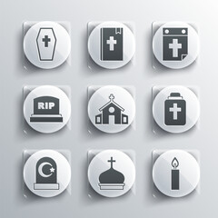 Set Church tower, Burning candle, Funeral, building, Muslim cemetery, Tombstone with RIP written, Coffin cross and Calendar death icon. Vector