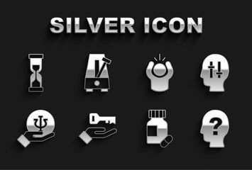 Set Solution to the problem, Head with question mark, Sedative pills, Psychology, Psi, Anger, Old hourglass and Metronome pendulum icon. Vector