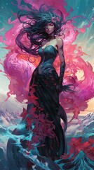 Title: Illustration of a Fantasy woman and abstract art, AI Generated