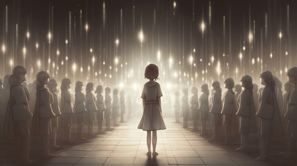 a cute little lonely girl is standing in the spotlight next to a lot of person,  alone feeling scene, generative ai technology