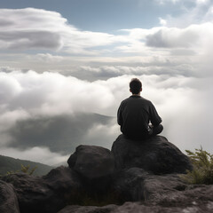 A person meditating on a mountain top peak with clouds drifting by, generative AI