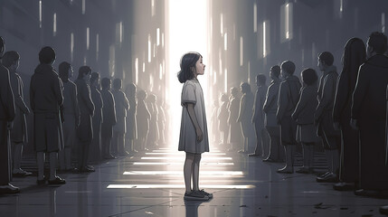 a strong but lonely girl is standing in the spotlight, bullied but dont give up, generative ai technology