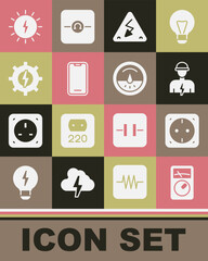 Set Ampere meter, multimeter, Electrical outlet, Electrician, High voltage, Mobile phone, Gear and lightning, Solar energy panel and icon. Vector