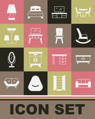 Set Sofa, Furniture nightstand, Rocking chair, TV table, Dressing, Chandelier, Table lamp and Chair icon. Vector