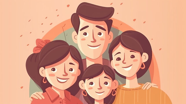a cute lovely and happy family in a cartoon style, orange background, generative ai technology