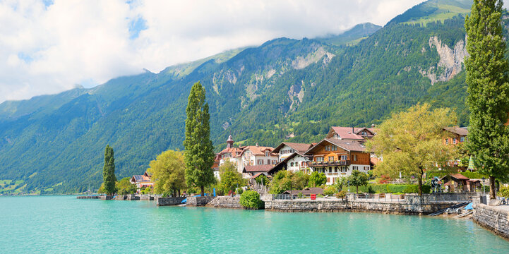 pictorial lakeside Brienzersee, turquoise water, view to tourist resort Brienz, switzerland