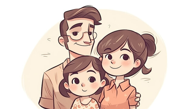 a family photo in a cute cartoon style, white background, generative ai technology
