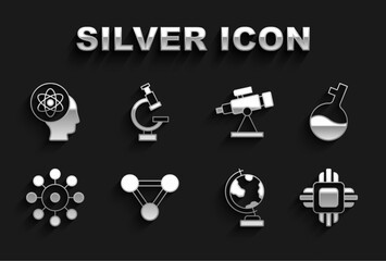 Set Molecule, Test tube, Processor CPU, Earth globe, Virus, Telescope, Atom and Microscope icon. Vector