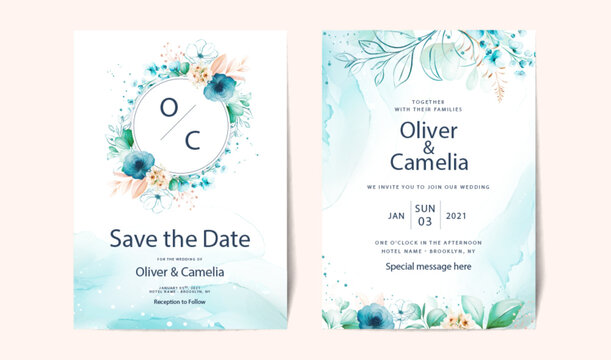 Vector blue wedding invitation card with watercolor floral decoration and abstract background.
