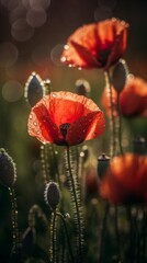 Fototapeta premium Close-up of Dewy Red Poppies with Cinematic Flair. Generative AI.