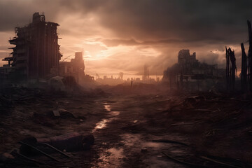 A post-apocalyptic wasteland with ruins of skyscrapers and debris. Created with generative AI.