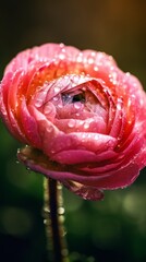 Cinematic Shot of Soft Pink Ranunculus Flower with Dew on Petals. Generative AI.