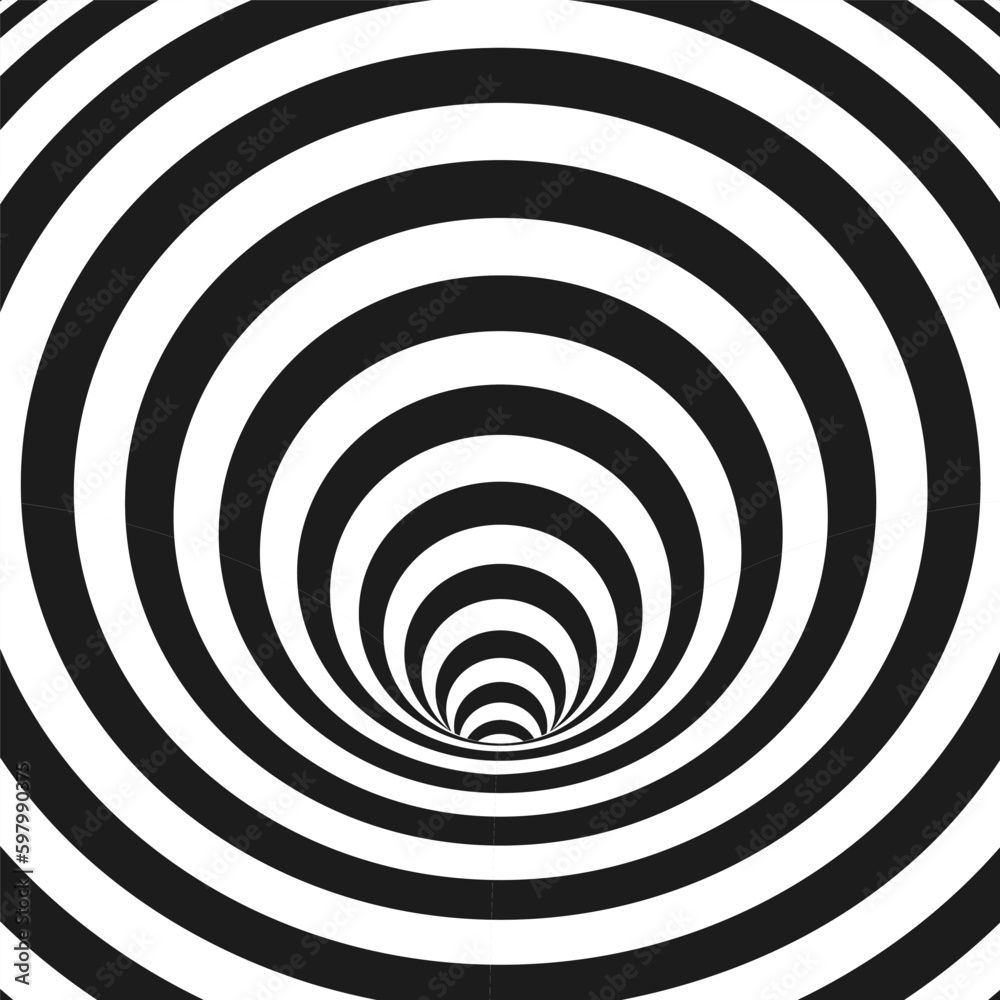 Wall mural abstract optical illusion. hypnotic spiral tunnel with black and white lines. vector illustration.