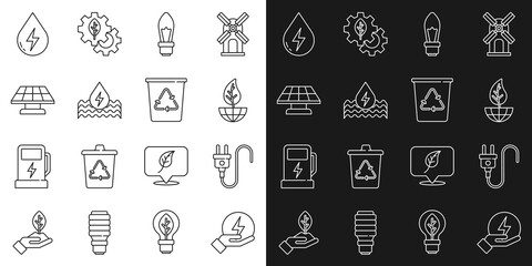 Fototapeta na wymiar Set line Lightning bolt, Electric plug, Earth globe and leaf, bulb, Water energy, Solar panel, and Recycle bin with recycle icon. Vector