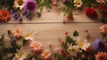 Spring Banner - Multicolour Blossoms on a Wooden Plank. Background. Blurry Background. template, Bokeh, Out of focus, Generative AI