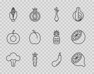 Set line Broccoli, Lemon, Fresh green onions, Carrot, Corn, Plum fruit, Eggplant and Orange icon. Vector