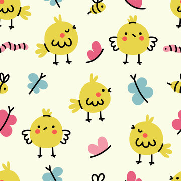 Seamless pattern with chicks, bees and butterflies. Vector illustration.