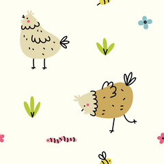 Seamless pattern with chickens, flowers and worms. Vector illustration.