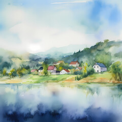 Village Lake Watercolor. Generative AI