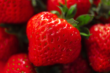 From above closeup of fresh ripe strawberries with green leaves as background representing concept of healthy food