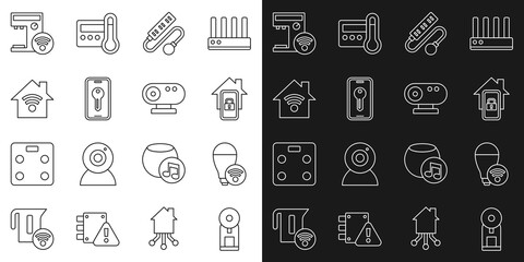 Set line Smart coffee machine, light bulb, Mobile with smart home, Electric extension cord, key, wi-fi, and Web camera icon. Vector