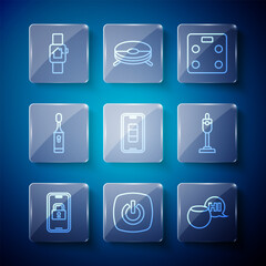 Set line Digital door lock, Smart home, Voice assistant, bathroom scales, Smartphone battery charge, Electric toothbrush, with smart watch and Vacuum cleaner icon. Vector
