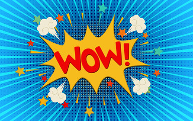 pop art and comic speech bubbles red wow blue sunbeam background