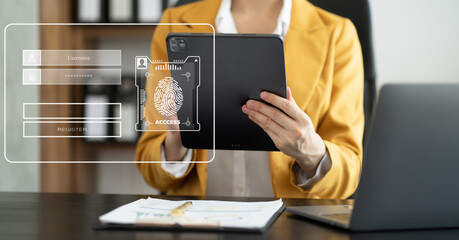 Cyber security, login, data protection concept Fingerprint scanning and authentication.