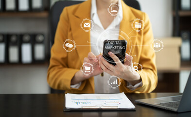 Digital marketing technology concept, Businessmen use tablet and smartphone connection technology and digital marketing.